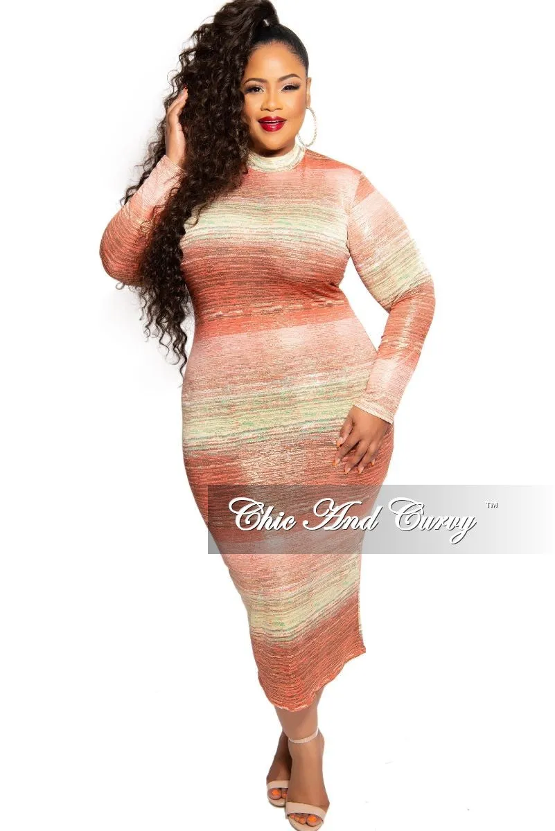 Final Sale Plus Size Reversible BodyCon Dress in Orange Coral Green and Gold Print