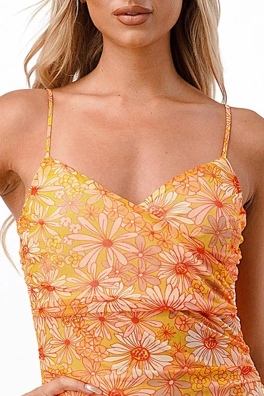 Lemon Ruched Printed Mesh Midi Dress