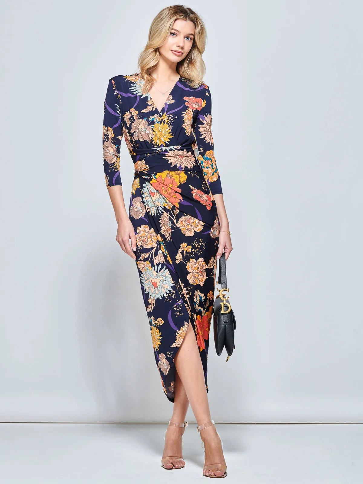 Long Sleeve Wrap Front Bodycon Dress, Navy Orange Floral