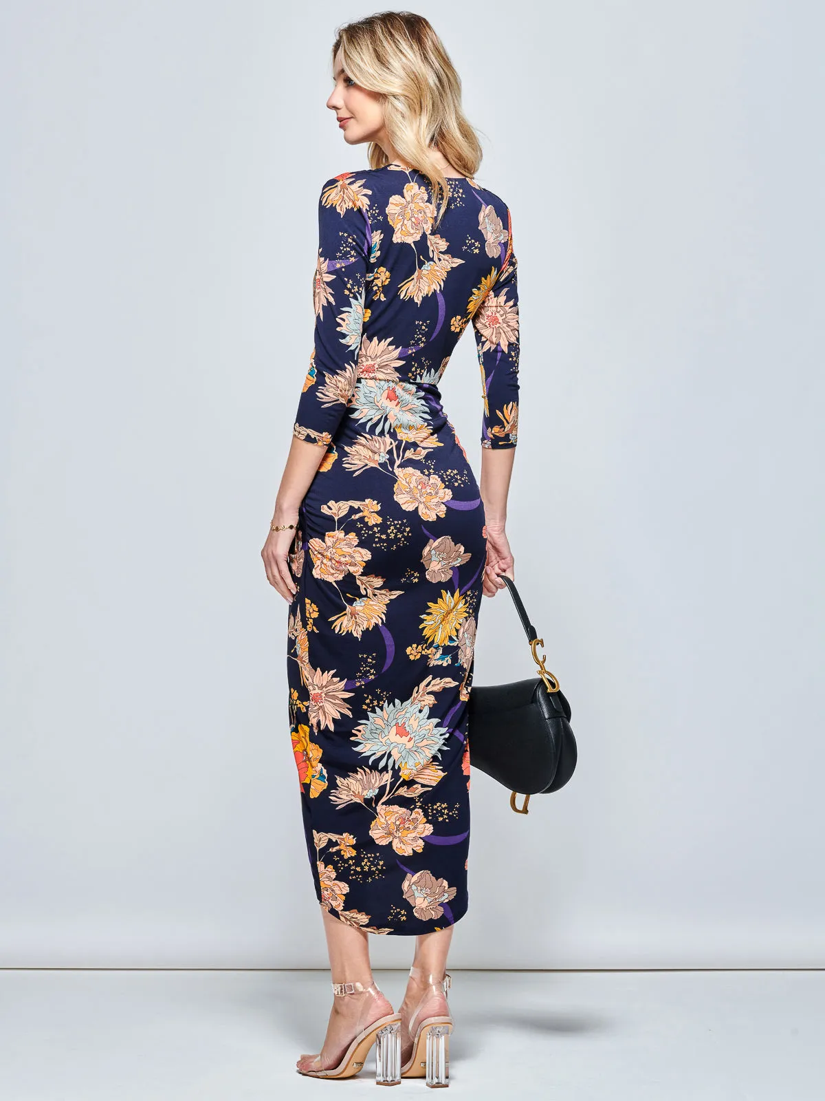 Long Sleeve Wrap Front Bodycon Dress, Navy Orange Floral
