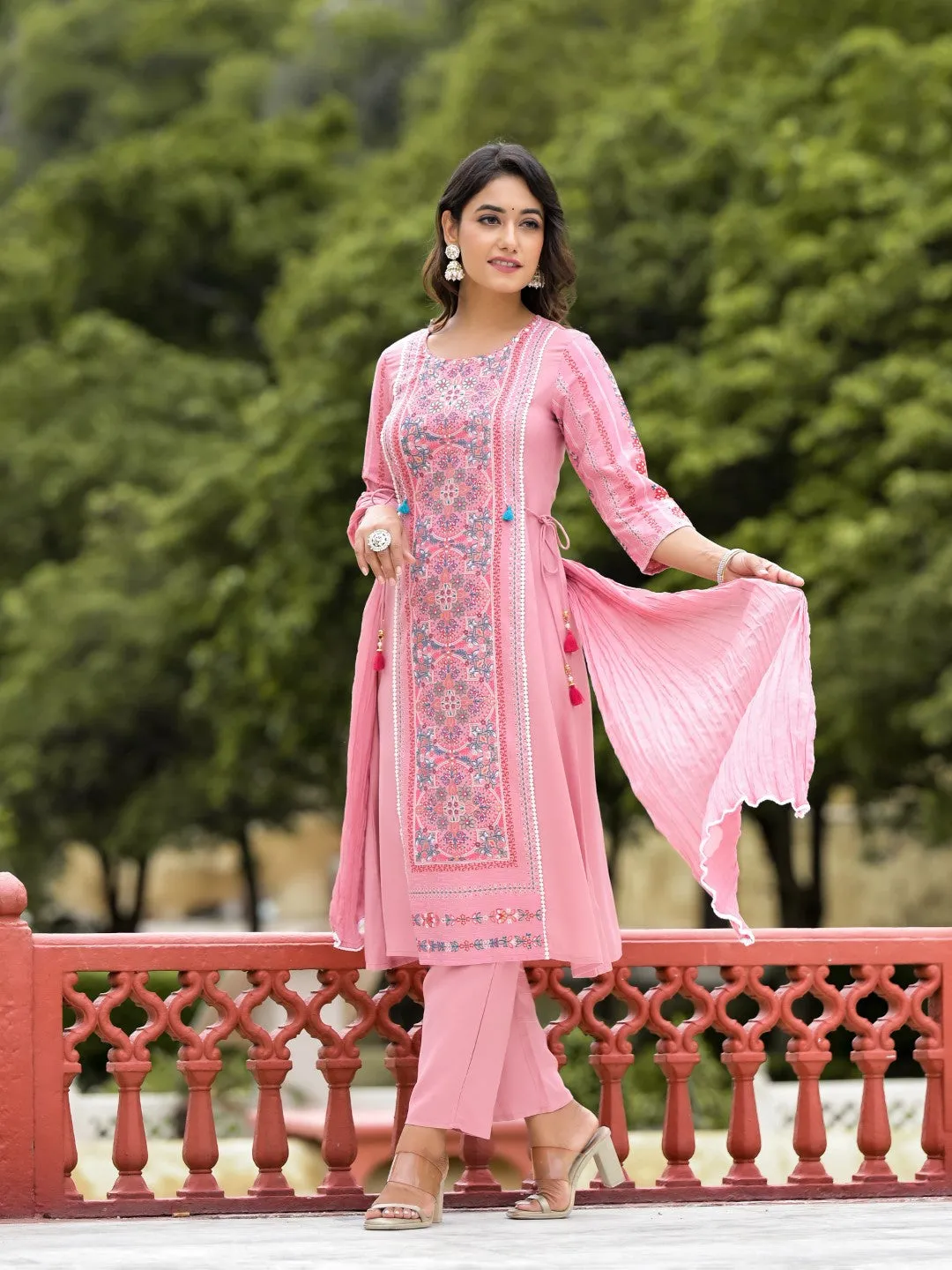 Peach Floral Printed Liva Rayon Kurta Pant & Dupatta Set With Doris At Waist & Thread Work & Tassels