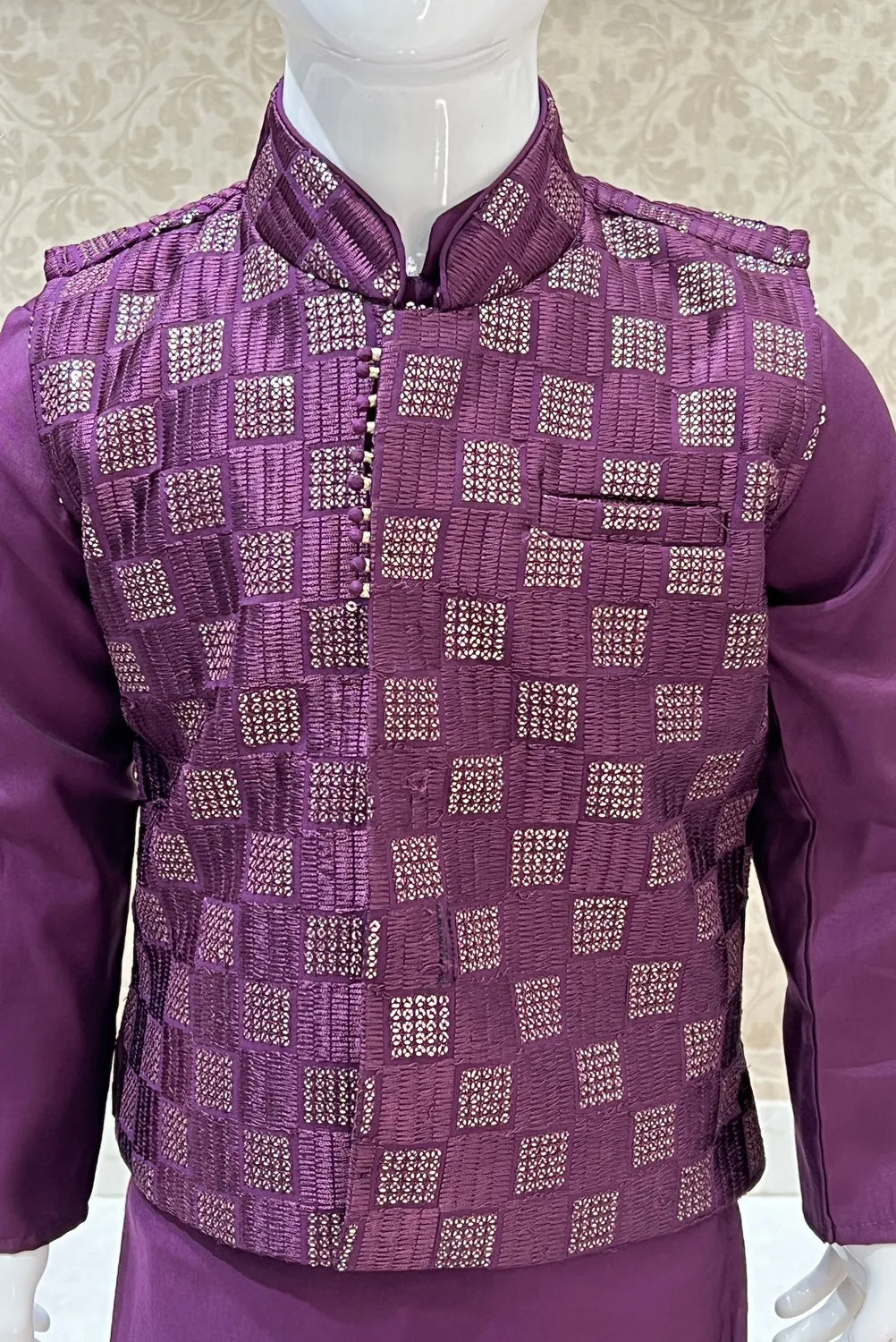 Wine Thread and Sequins work Waist Coat Kurta Set for Boys
