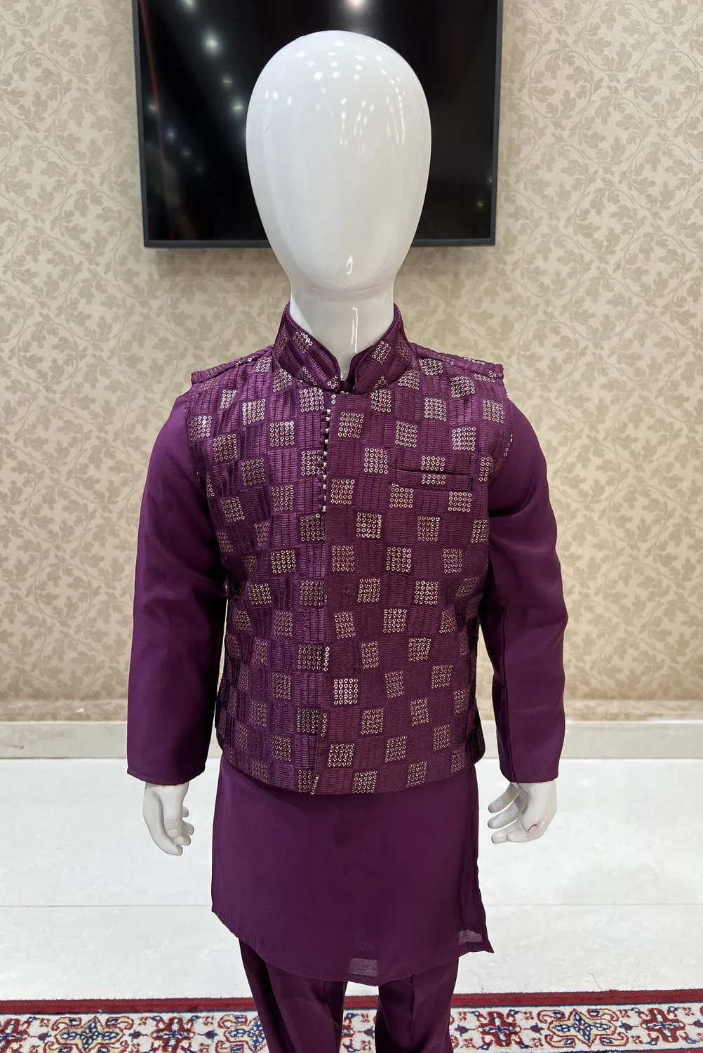 Wine Thread and Sequins work Waist Coat Kurta Set for Boys
