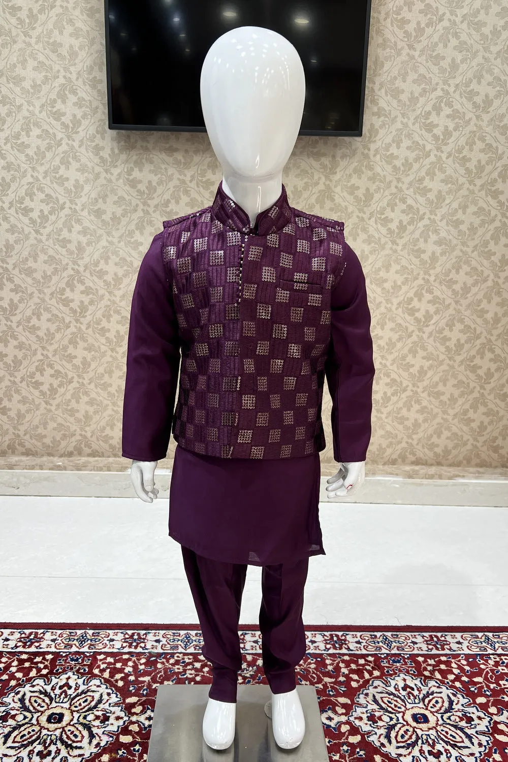 Wine Thread and Sequins work Waist Coat Kurta Set for Boys