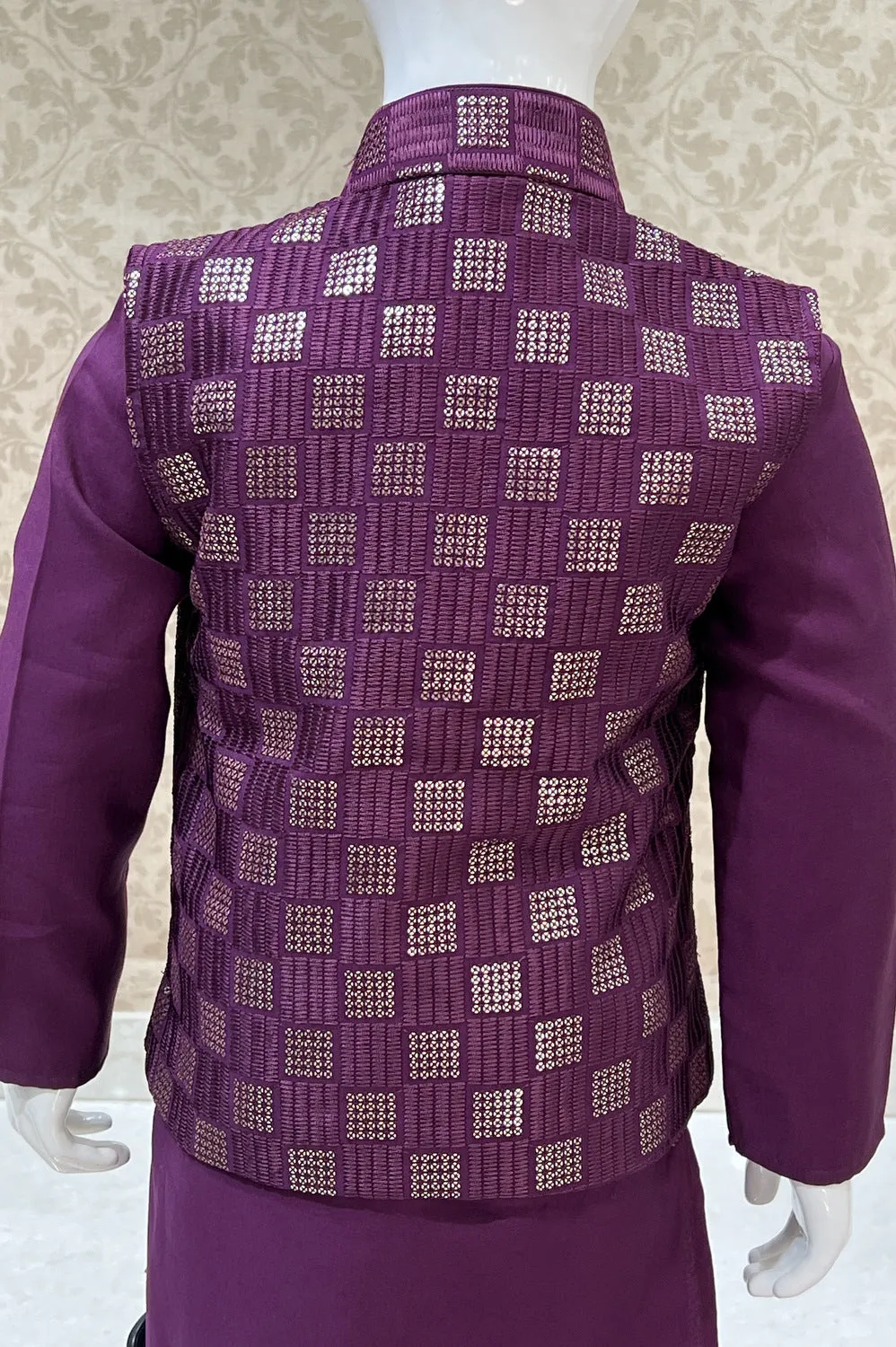 Wine Thread and Sequins work Waist Coat Kurta Set for Boys