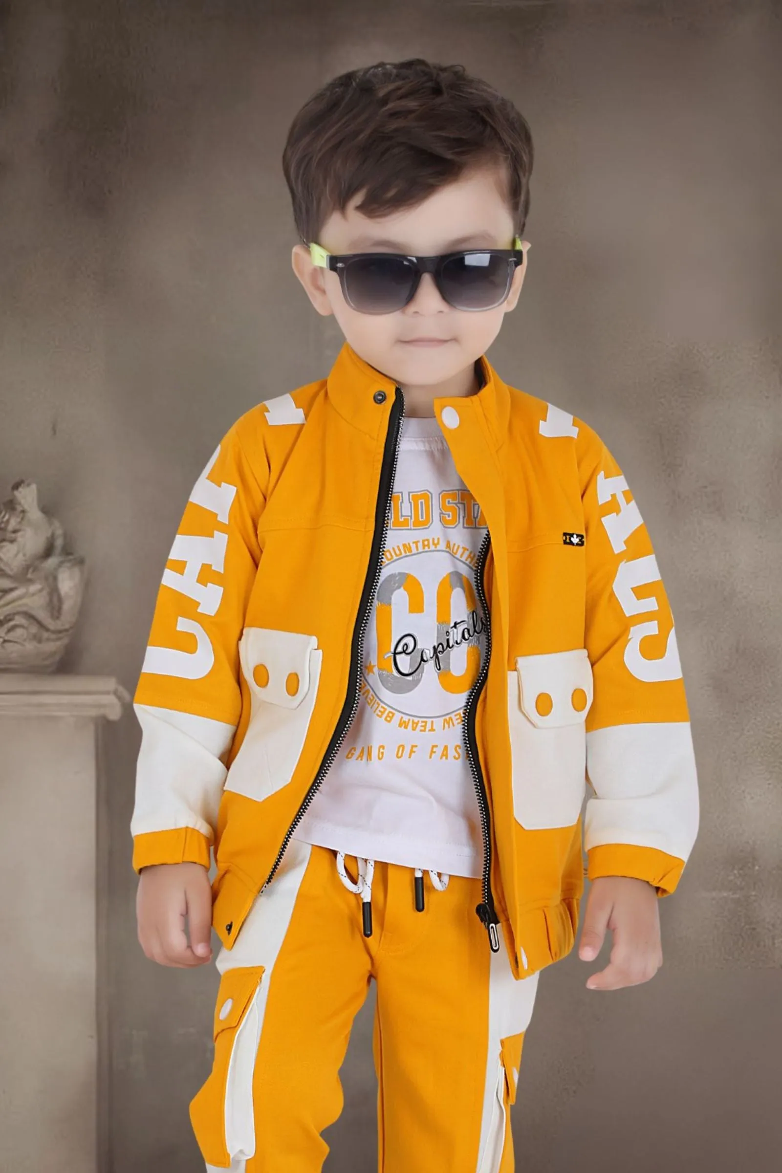 Yellow with White Printed Waist Coat and Pant Set for Boys