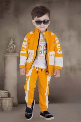 Yellow with White Printed Waist Coat and Pant Set for Boys